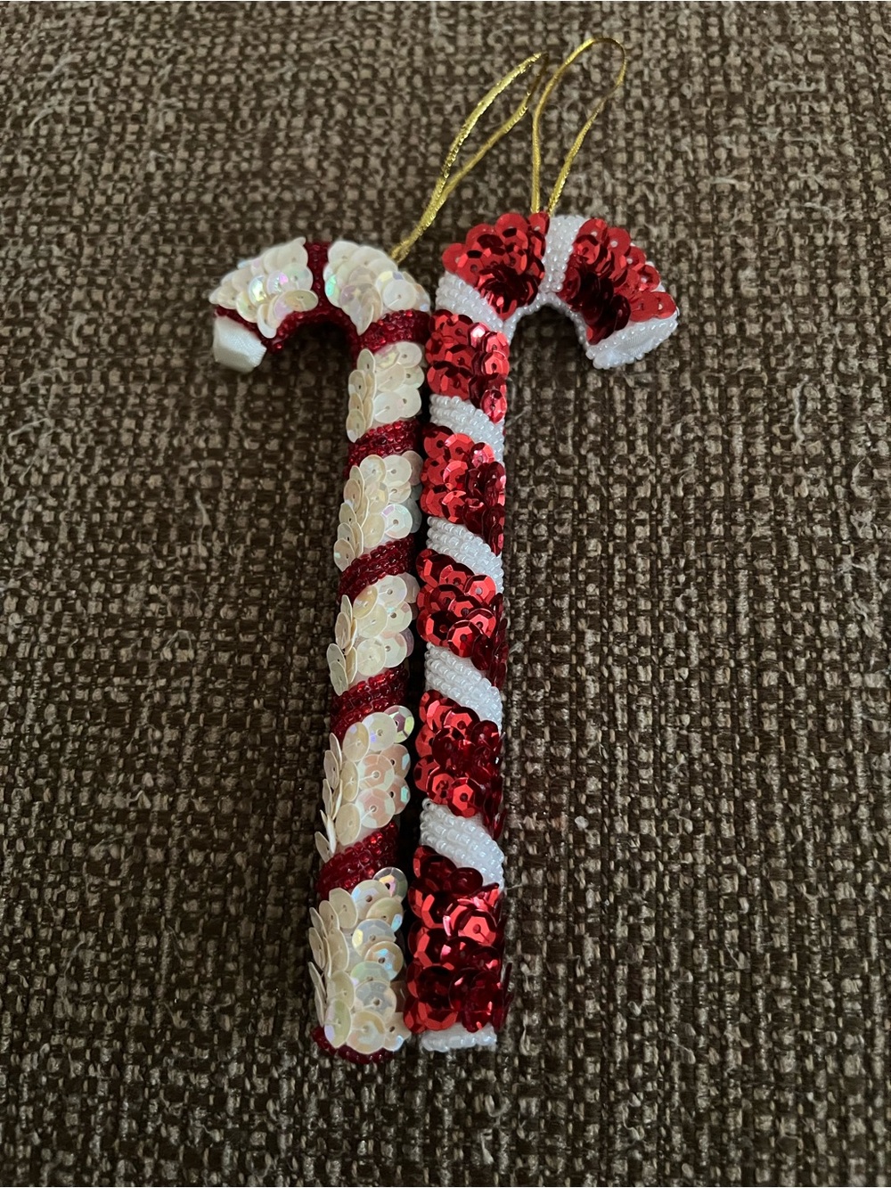 Vintage Sequin Pearls Candy Cane Hanging Ornaments - Red & White